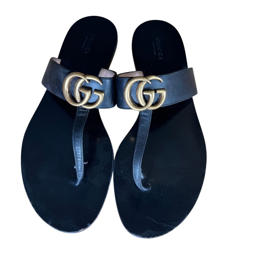 Gucci Marmont GG Thong Flip Flop Sandals Black Leather Women's Size EU 39 US 9